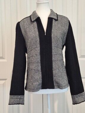Mainbocher Y2K Herringbone Tweed Zip Jacket M Boiled Wool Trim M
